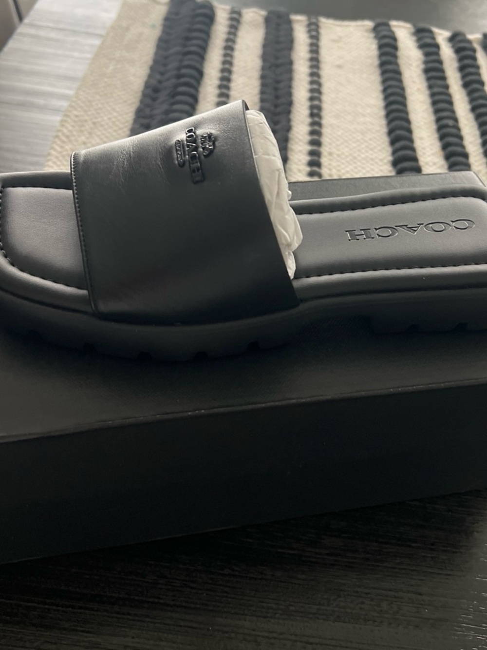 Coach Black Leather Slide Sandals